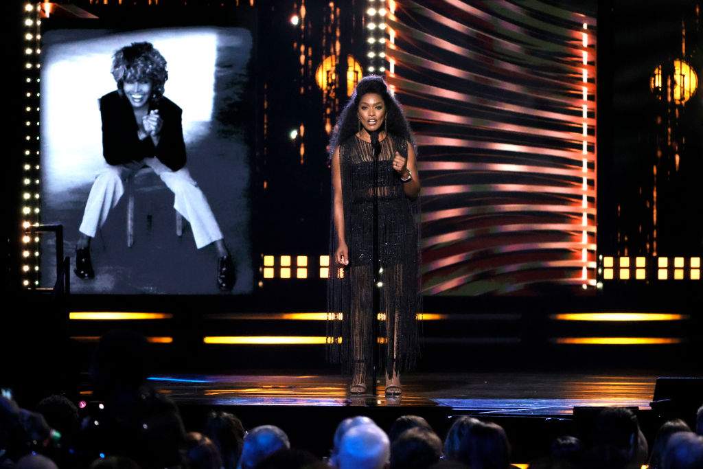 Angela Bassett inducts Tina Turner onstage during the 36th Annual Rock & Roll Hall Of Fame Induction Ceremony at Rocket Mortgage Fieldhouse on October 30, 2021 in Cleveland, Ohio.