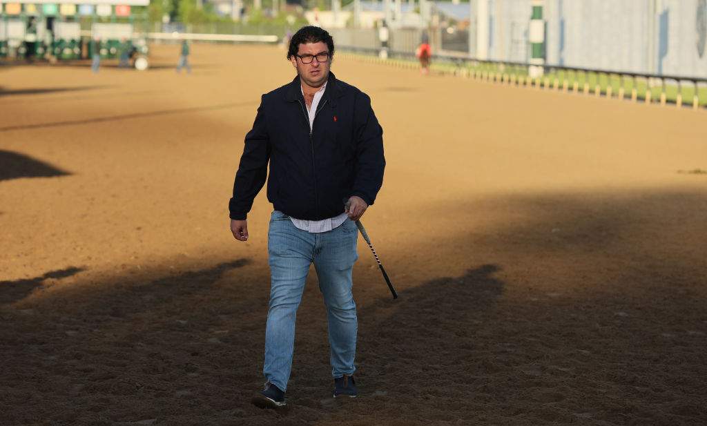 Saffie Joseph Jr. the trainer of Lord Miles during the morning training for the Kentucky Derby at Churchill Downs on May 04, 2023 in Louisville, Kentucky.
