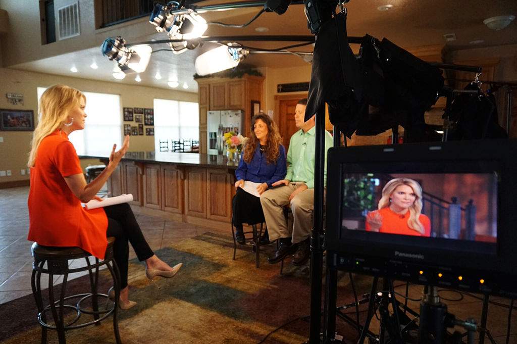 In this handout image provided by FOX News Channel, FOX News Channels Megyn Kelly interviews Jim Bob Duggar and Michelle Duggar of the TLC program "19 Kids and Counting" at their home in Tontitown, Arkansas.