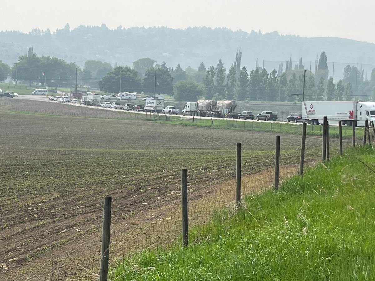 A photo showing backed up traffic along Highway 97 near Vernon on Thursday morning.