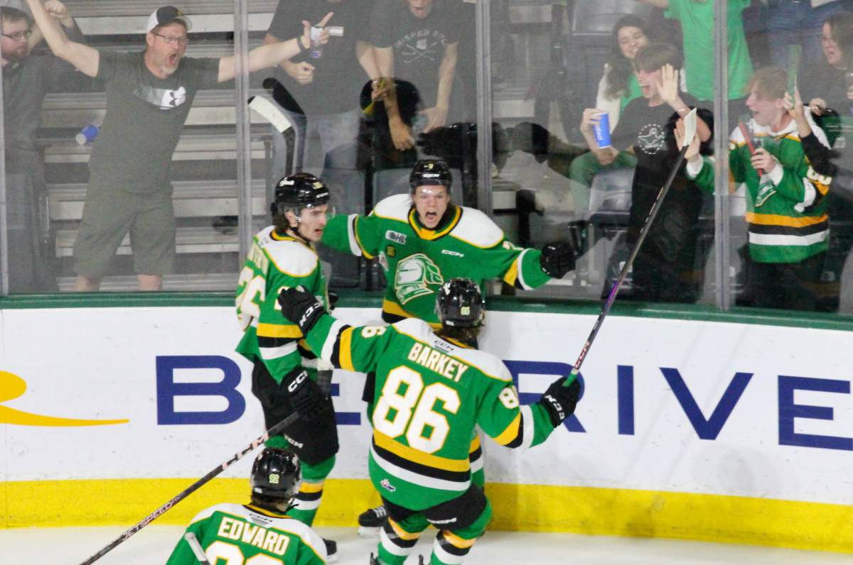 The London Knights celebrate Easton Cowan's second period goal in Game 1 of the OHL playoffs.