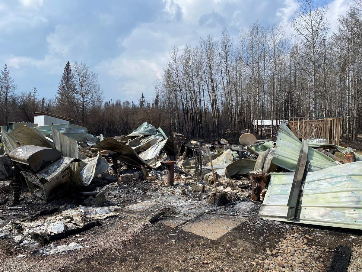 A property in Lobstick Resort, part of Yellowhead County, on May 11, 2023, destroyed by Alberta wildfire.
