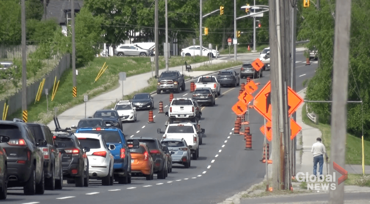 Traffic is reduced to one lane entering the Lansdowne Street West bridge in Peterborough due to construction.
