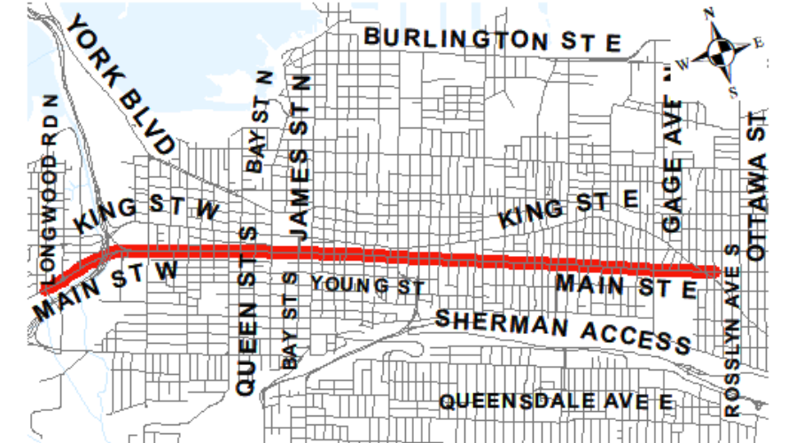 City staff say a possible conversion of Main Street East includes protected bike lanes, areas with street parking and green-space buffers at strategic locations as a traffic calming measure.