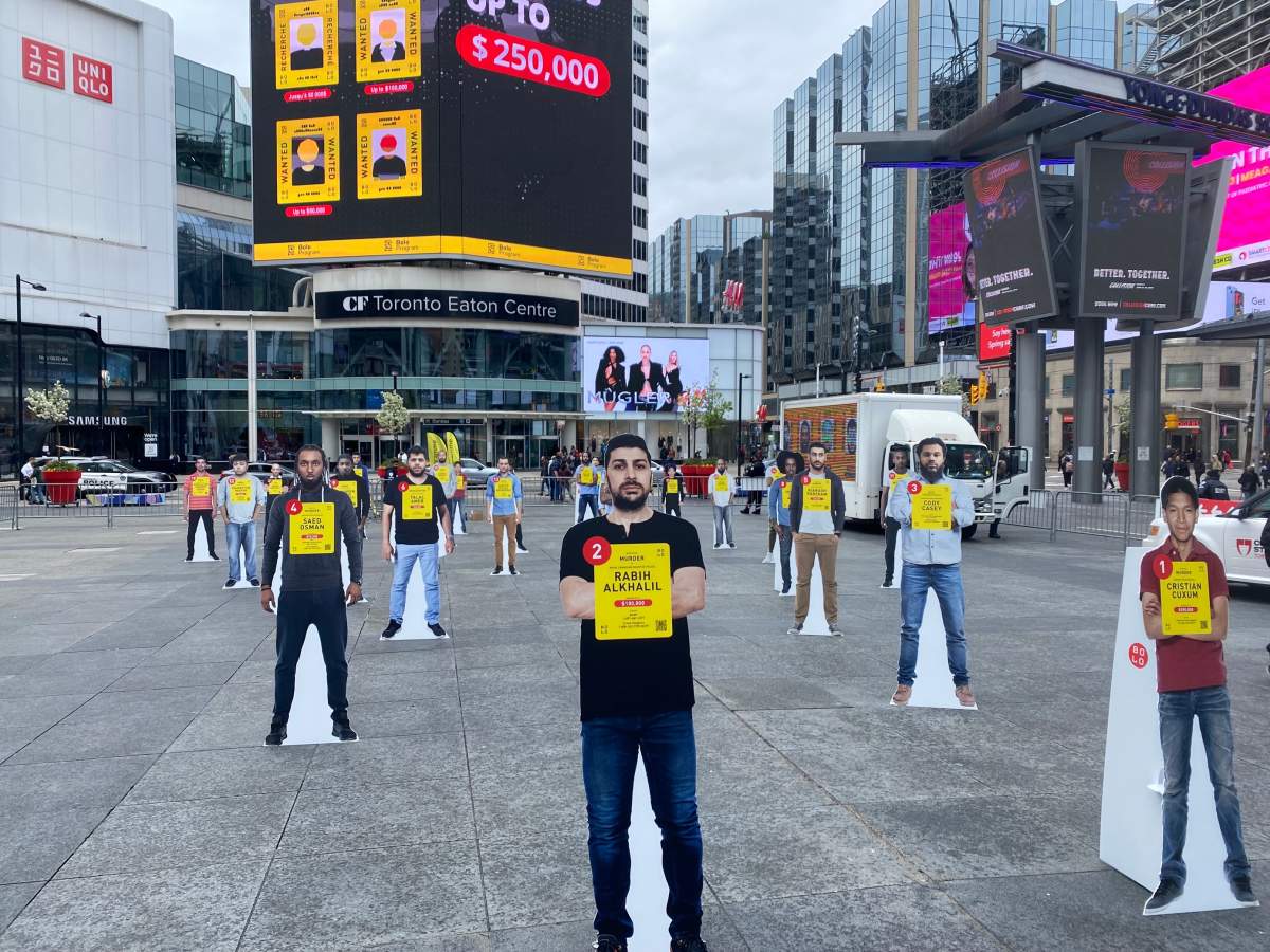 On display at Yonge-Dundas Square on May, 1, 2023 are 25 life-sized cardboard cutouts of Canada’s most wanted fugitives according to the Bolo Program.