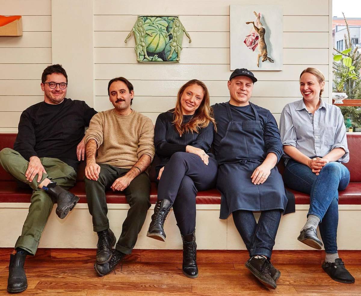 The five owners of Montreal’s Mon Lapin are pictured from left to right: Marc-Antoine Gelinas (maître d’), Alex Landry (sommelier) Vanya Filipovic (sommelier), Marc-Olivier Frapper (chef) and Jessica Noel (chef).