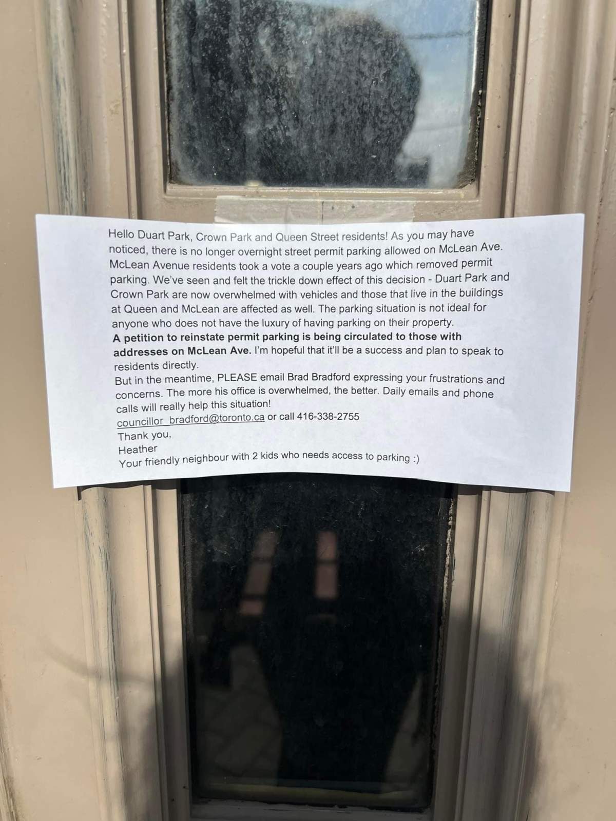 Note left for residents of Maclean Avenue.
