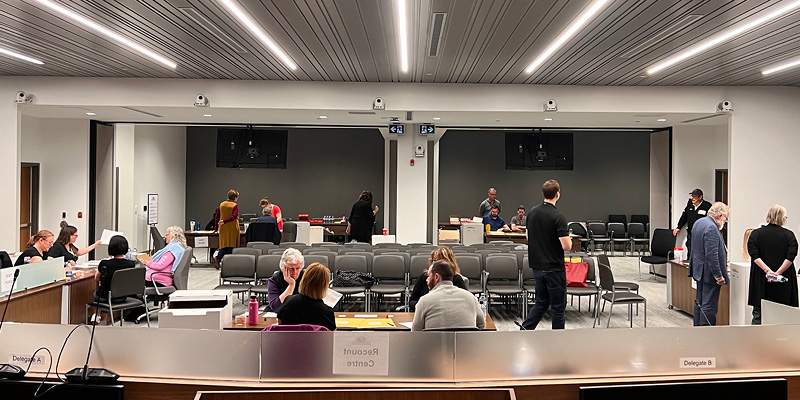 Brantford city staff tally sheets and summaries during a ballot box recount on Saturday May 6, 2023.