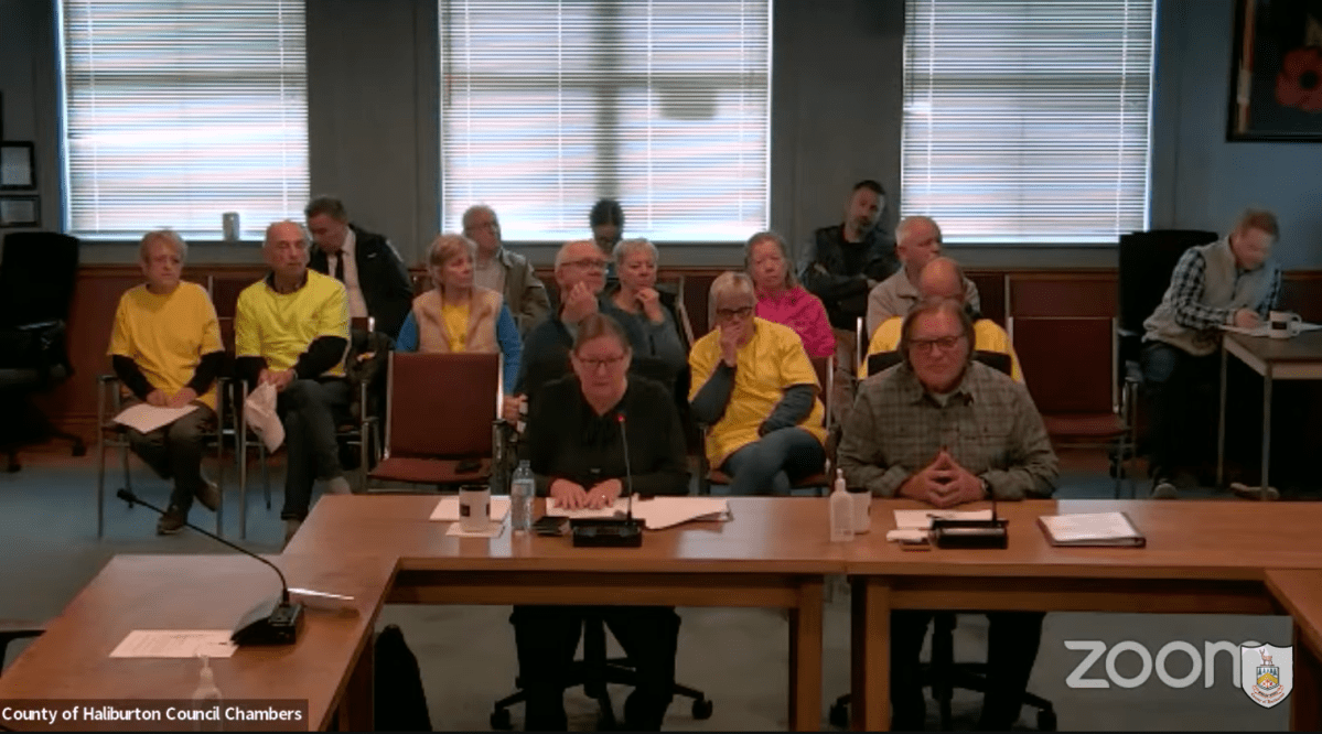 Haliburton Highlands Health Services president and CEO Carolyn Plummer and board chair David O'Brien present an emergency consolidation plan to Haliburton County council on May 16, 2023. Plummer is taking a leave of absence effective June 12.
