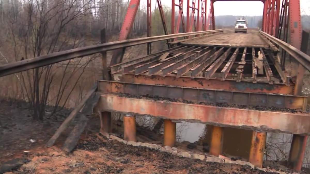 A bridge destroyed by wildfire in East Prairie Metis Settlement, Alta. on Friday, May 5, 2023.