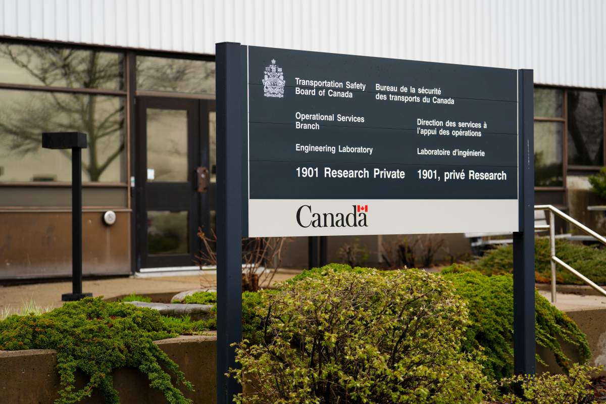 Transportation Safety Board of Canada (TSB) signage is pictured outside TSB offices in Ottawa, Monday, May 1, 2023. 