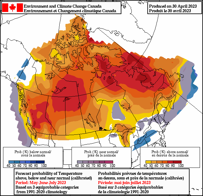 Temperature probability forecast for May-July 2023