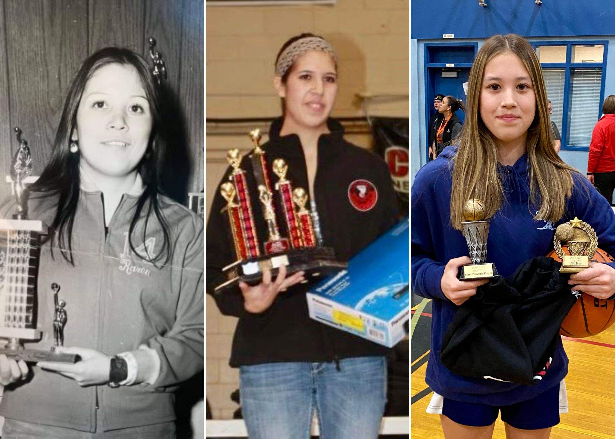 A collage of three generations of women holding trophies.