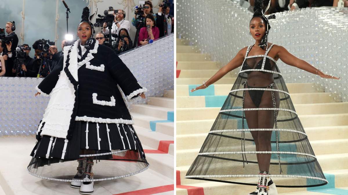 A split photo of Janelle Monáe. On the left, she wears a triangular structured, layered suit. Her tie is structured to look like its blowing in the wind. On the right, she wears just the shell of the constructed gown and a bra and panties underneath.