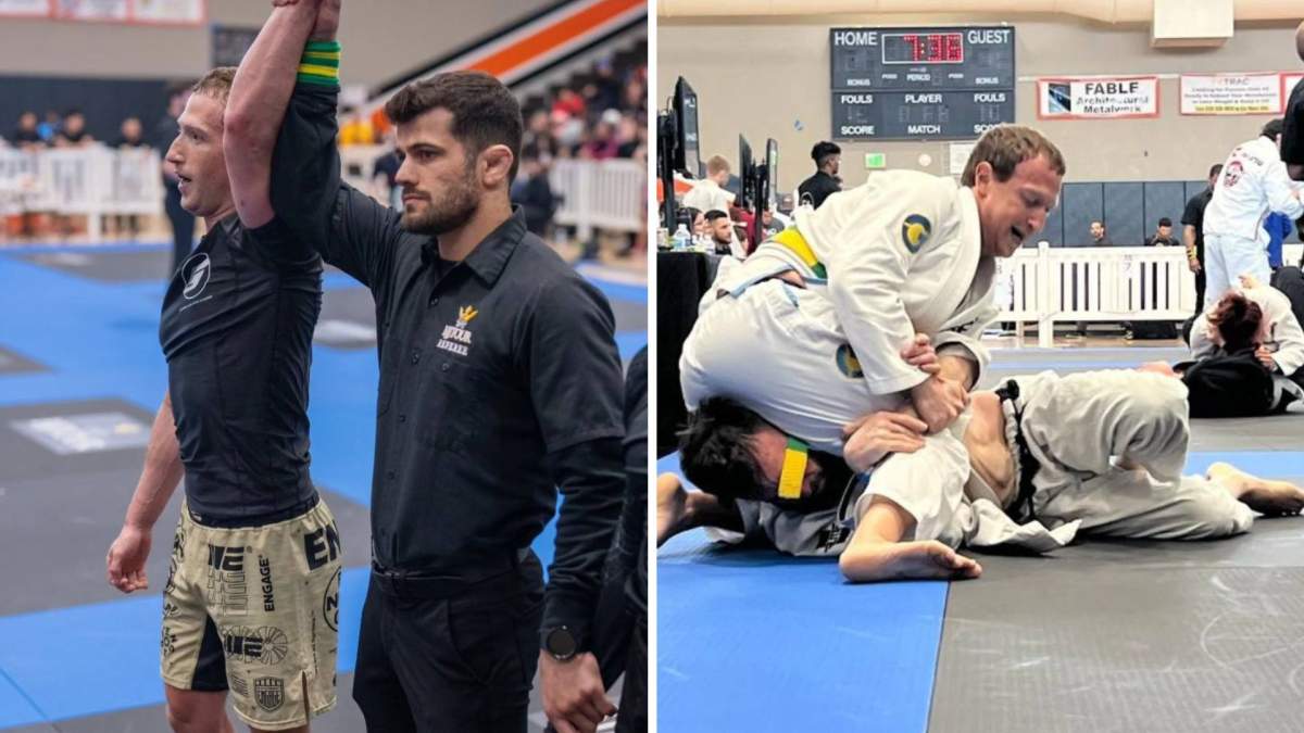 A split photo. On left a referee holds Mark Zuckerberg's hand in the air. On the right Mark Zuckerberg pins his opponent in place against the mat.