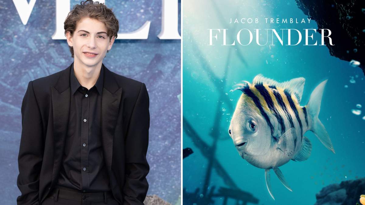 A split photo. On the left is Jacob Tremblay. On the right is Flounder from 'The Little Mermaid.'
