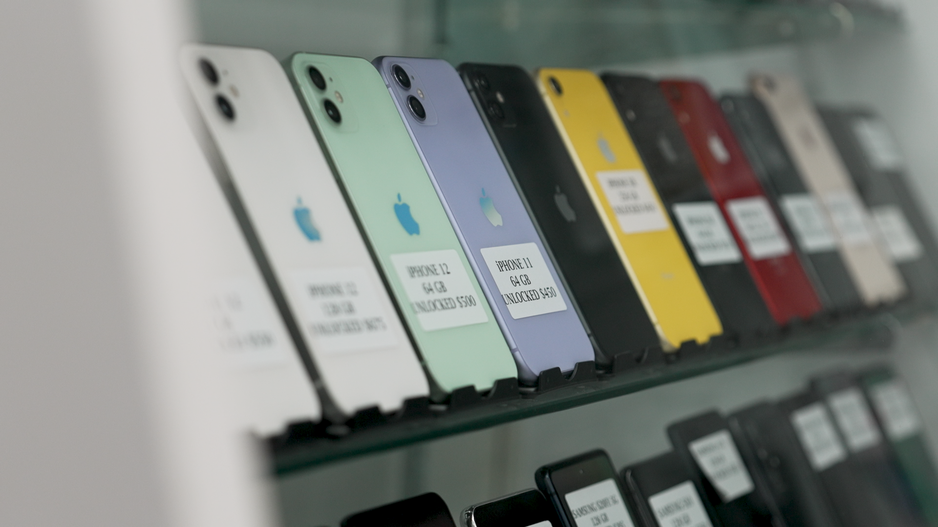 Refurbished iPhones on display at Phone Solutions, a cellphone repair shop in Toronto.