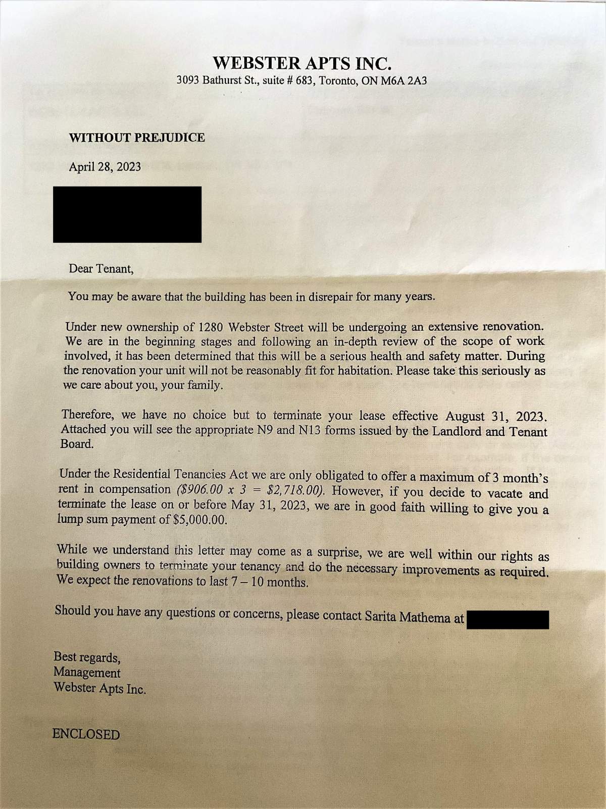 A letter sent to some residents at two apartment buildings in London claiming the end of their lease due to extensive renovations.