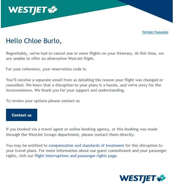 Email from West Jet to customers regarding cancelled flights.