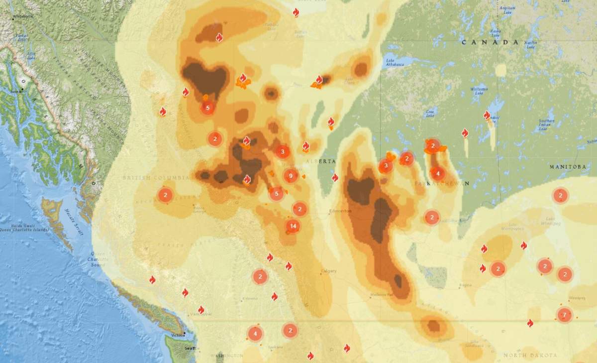 A screenshot of projected smoke forecast for Thursday at 8 a.m., from wildfires burning in Alberta and northern B.C.