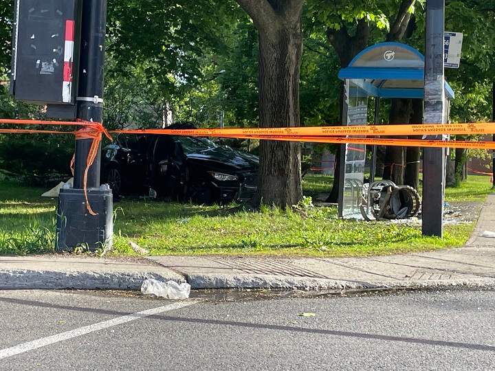 Four people were seriously injured on Friday after the vehicle they were in crashed into a bus stop. May 26, 2023.