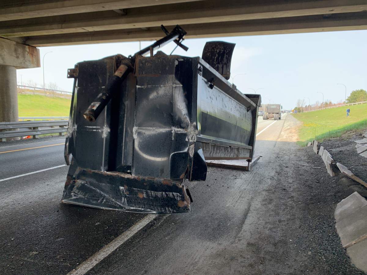 A dump truck lost its bucket on Highway 111 in Dartmouth on Friday afternoon, which led to some lane reductions. 