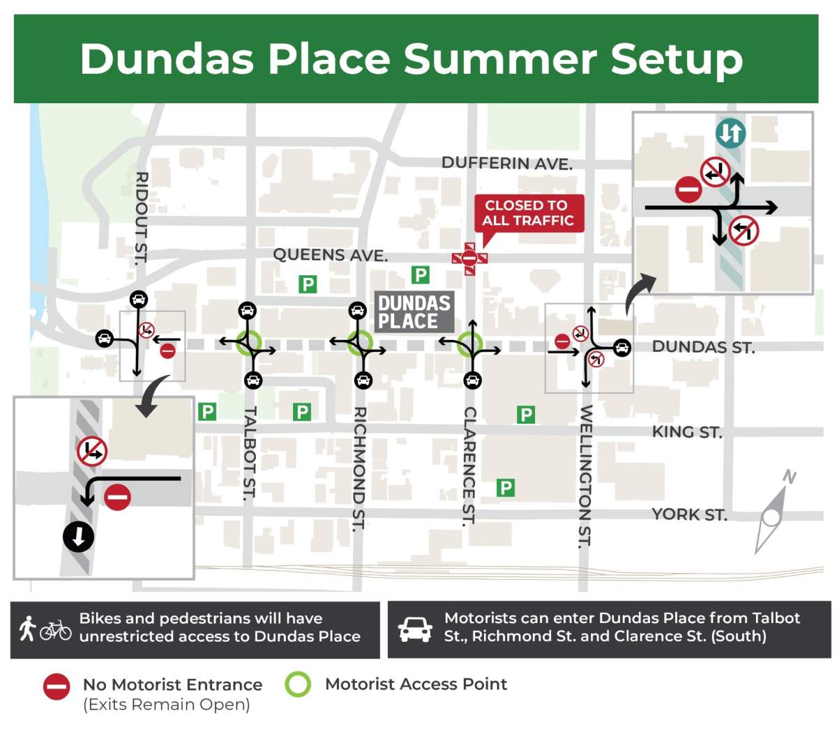 A map of the traffic restrictions in place along Dundas Place in London, Ont.