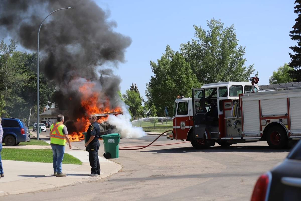 A City of Saskatoon garbage truck went up in flames Wednesday morning May 31st 2023.