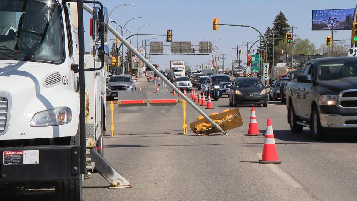 A traffic light was hit along Circle Drive East on Friday afternoon.