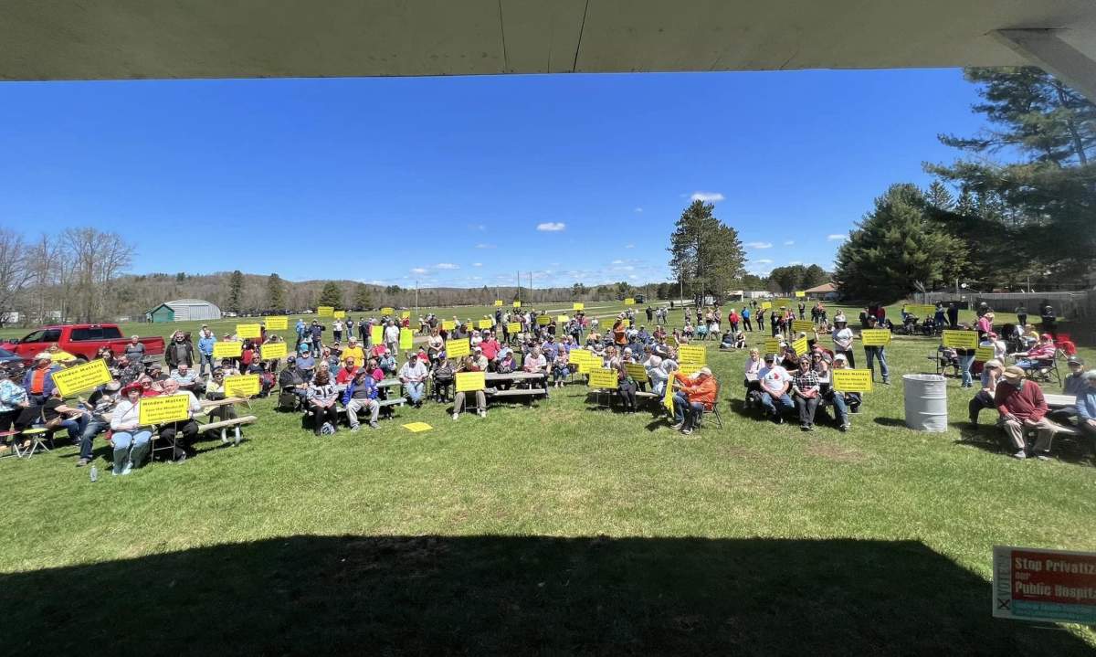 Residents gathered in Minden on Saturday to rally against the planned closure of the Minden hospital’s emergency department on June 1.