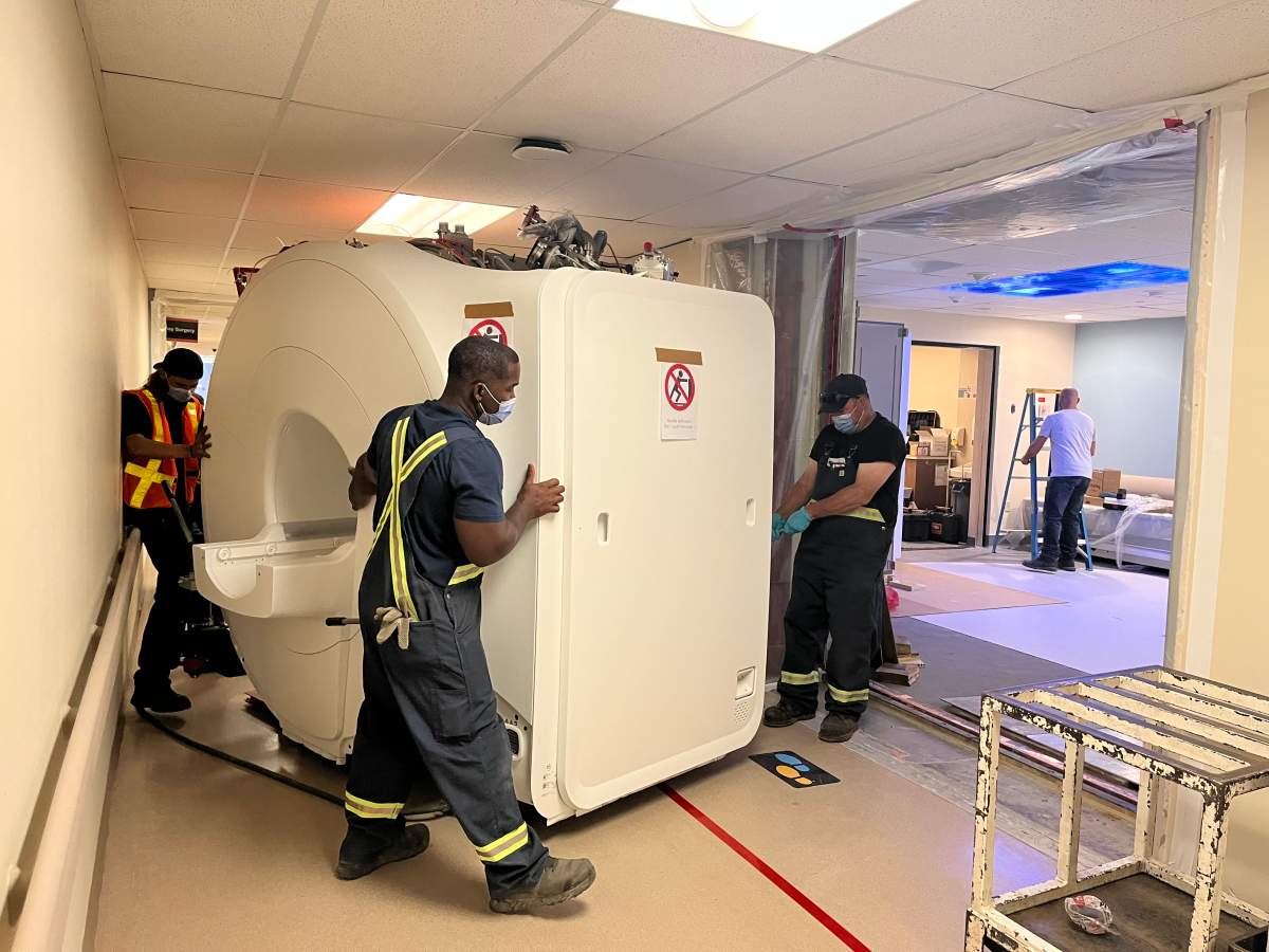The new MRI machine is brought into the renovated room and is expected to go into operation this summer.