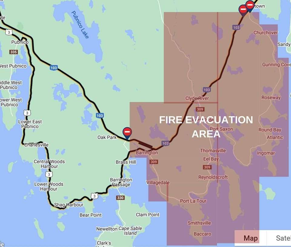 A map of the evacuation area in Shelburne County.