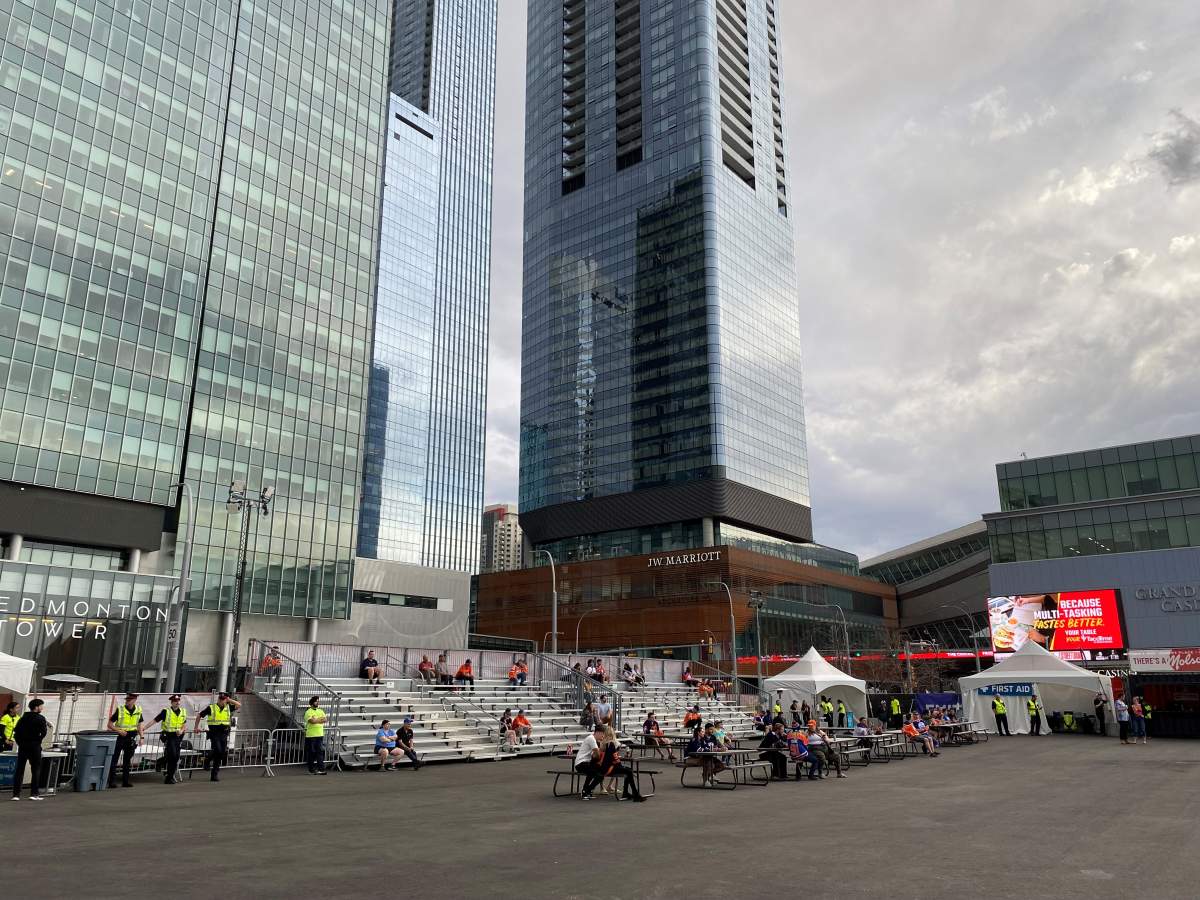 Edmonton Oilers fans watching Game 1 of the Round 2 series against the Vegas Golden Knights in the tailgate fan park zone beside Rogers Place in Edmonton, Alta. on Wednesday, May 3, 2023.