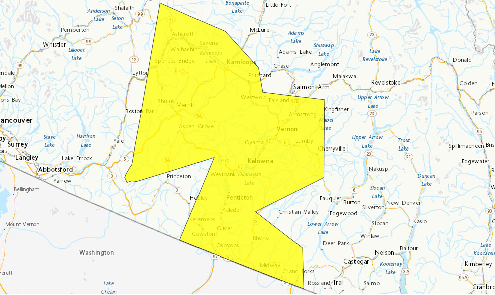 A severe thunderstorm watch has been issued across the Southern Interior.