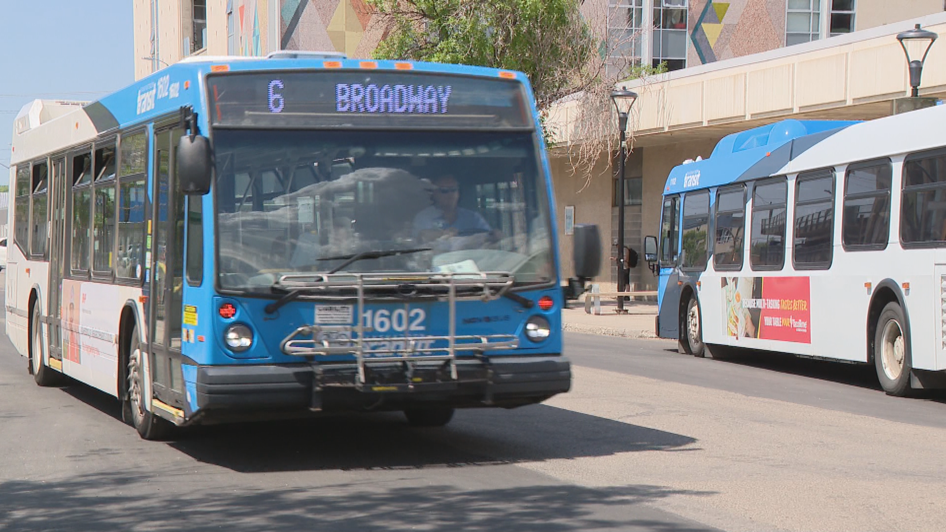 A Saskatoon transit bus arrived at a downtown bus terminal.