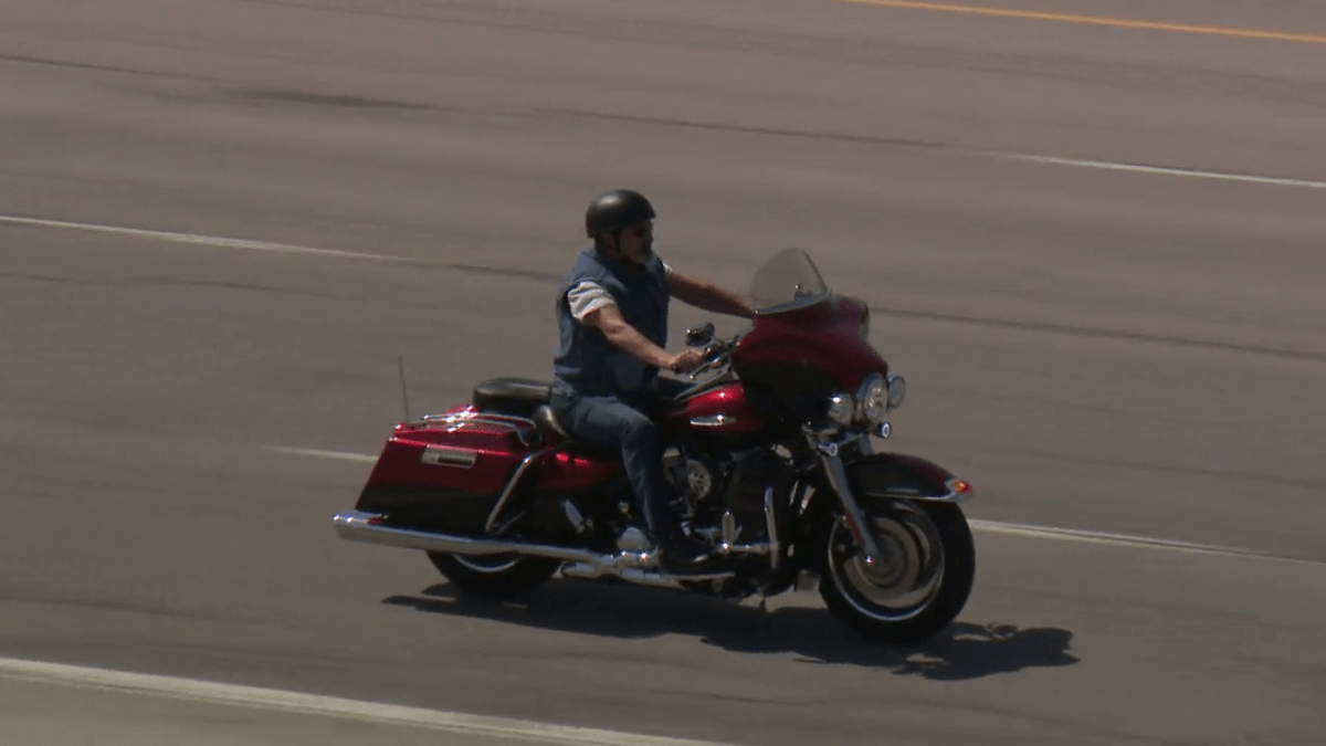 A motorcyclist riding down a highway in Calgary. The Calgary Police Service is promoting motorcycle safety as the weather warms up and the riding season starts.