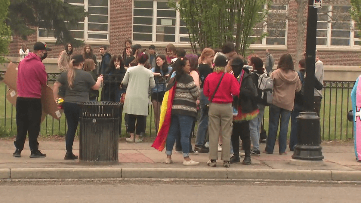 Two people were arrested at a transphobic protest that took place outside Western Canada High School in Calgary on Wednesday, May 17, 2023.
