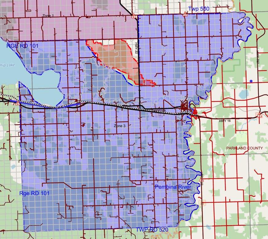 The evacuation order in Yellowhead County starts at the Pembina River west to Range Road 101. North border is Township Road 550 and south border to Township Road 520.