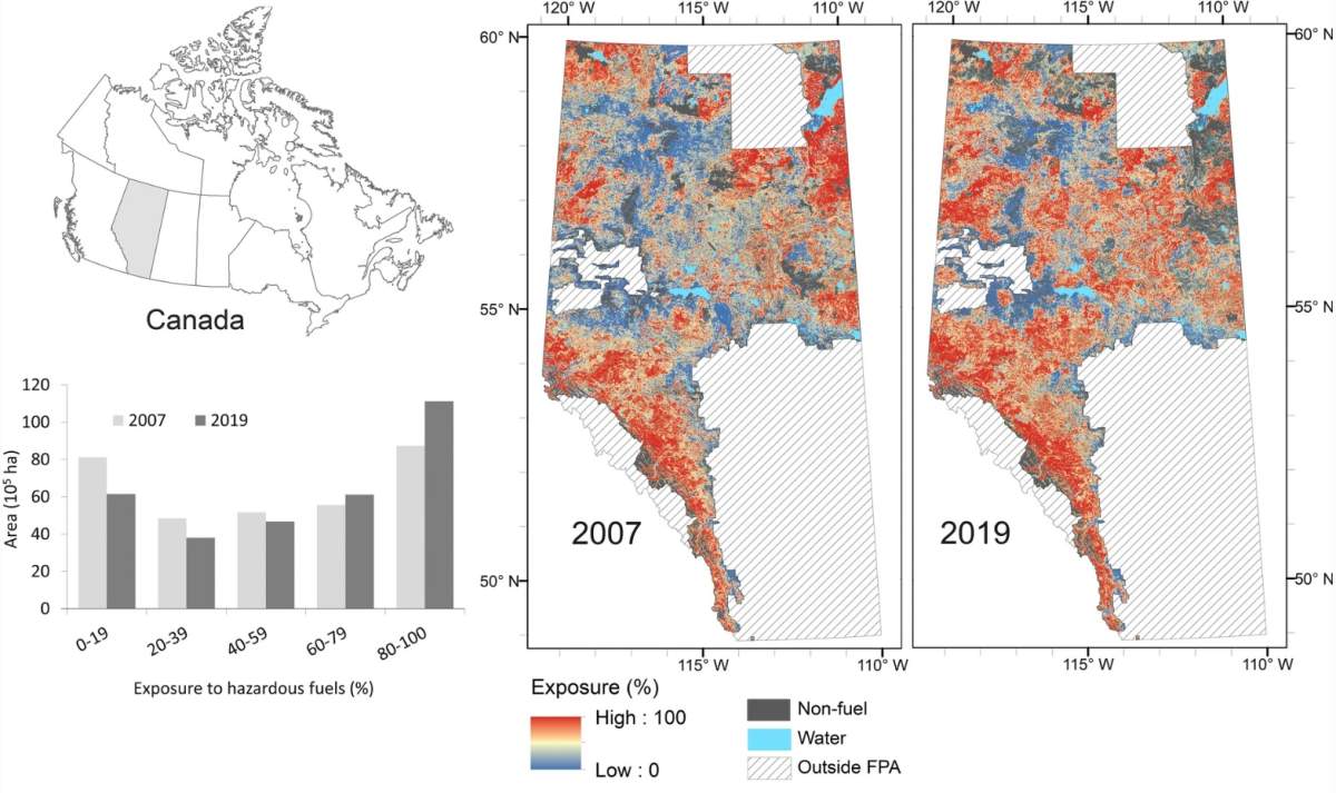 The Wildfire Analytics Team's assessment of wildfire risk because of fuel pathways in Alberta.