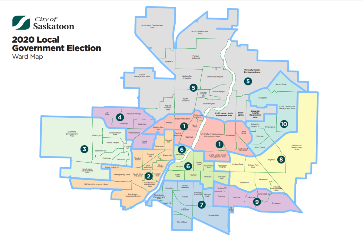 Ward boundaries in Saskatoon as of 2020.
