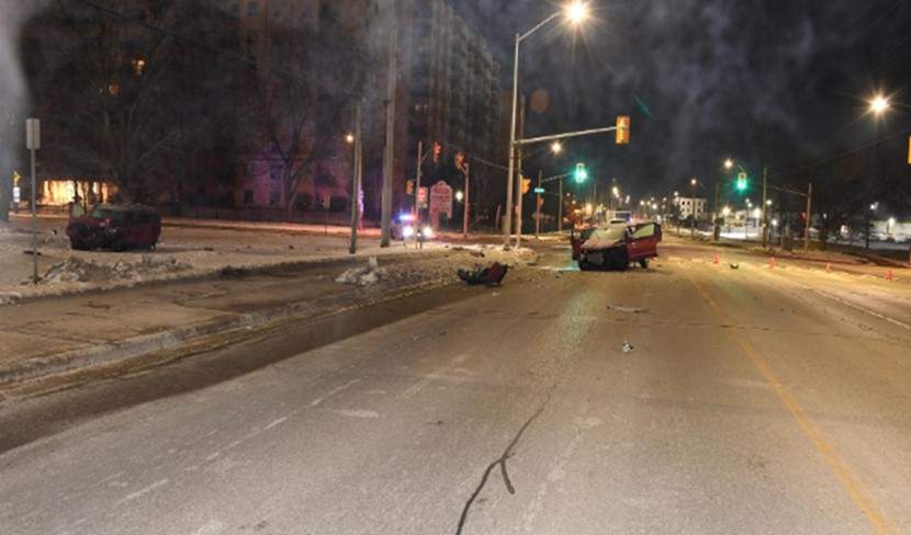 Collision scene at the intersection of Adelaide Street North and Kipps Lane in London, Ont.