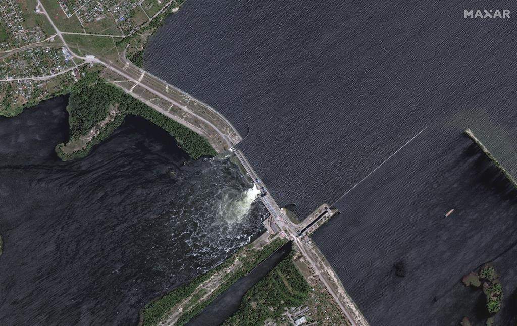 This satellite image provided by Maxar Technologies shows an overview of the Kakhovka dam in southern Ukraine on Monday, June 5, 2023.