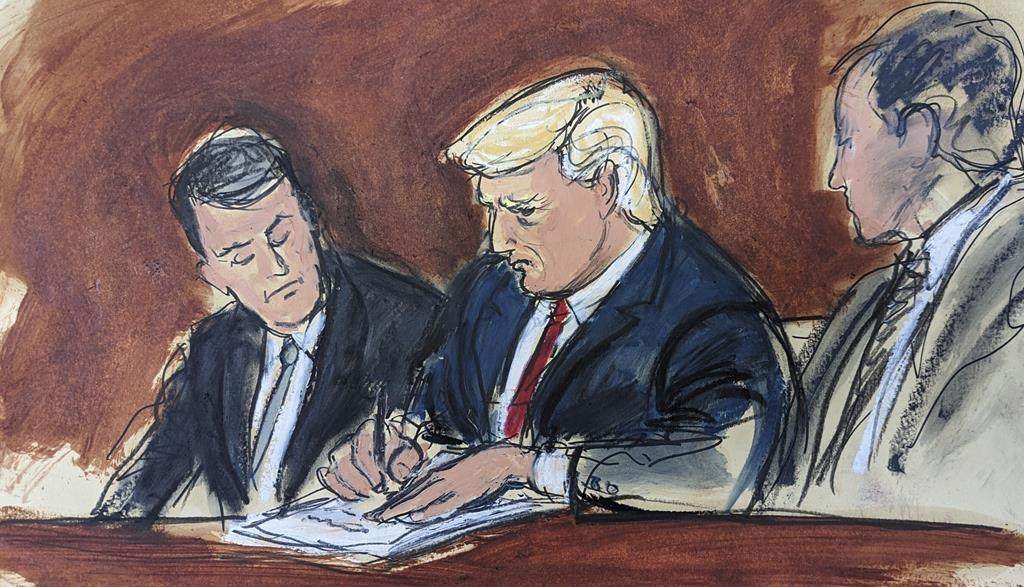 Former President Donald Trump, center, flanked by his defense attorneys, signs his bond in federal court, Tuesday, June 13, 2023, in Miami. Trump plead not guilty to federal charges that he illegally kept classified documents at his Florida estate. (Elizabeth Williams via AP)