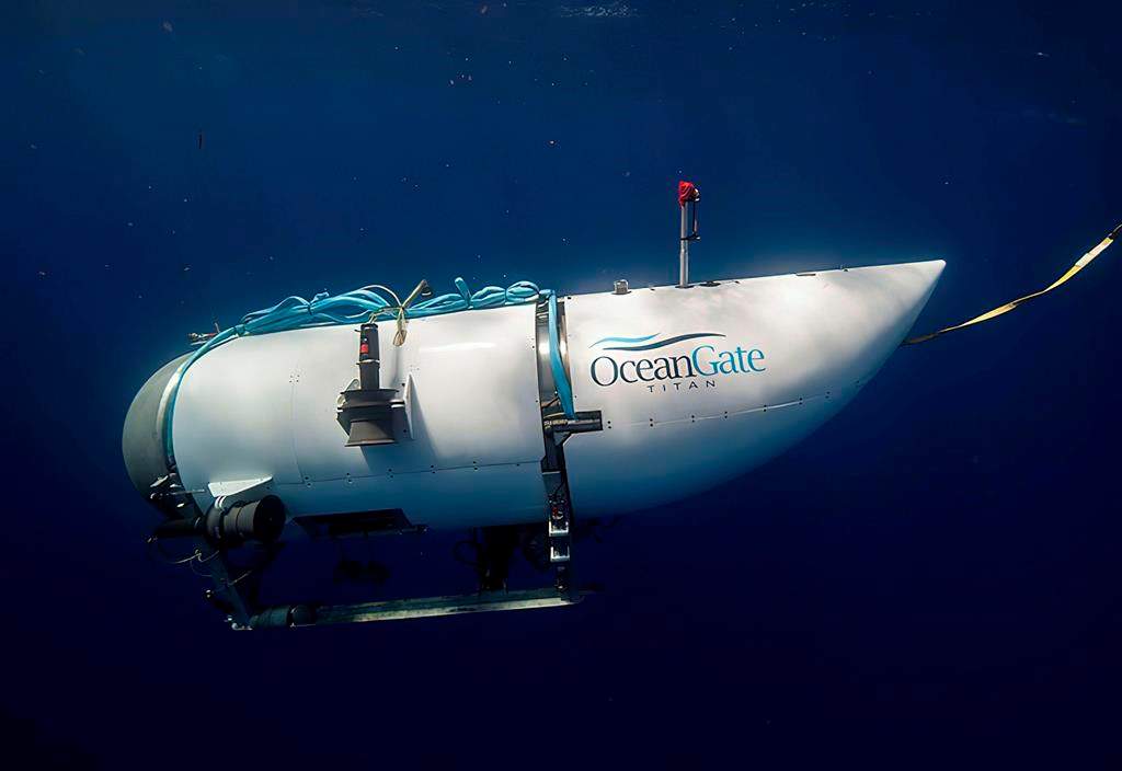 This photo provided by OceanGate Expeditions shows a submersible vessel named Titan used to visit the wreckage site of the Titanic. There’s a faint glimmer of hope in the search for submersible missing near the wreck of the Titanic south of Newfoundland after an underwater noise was detected overnight.
