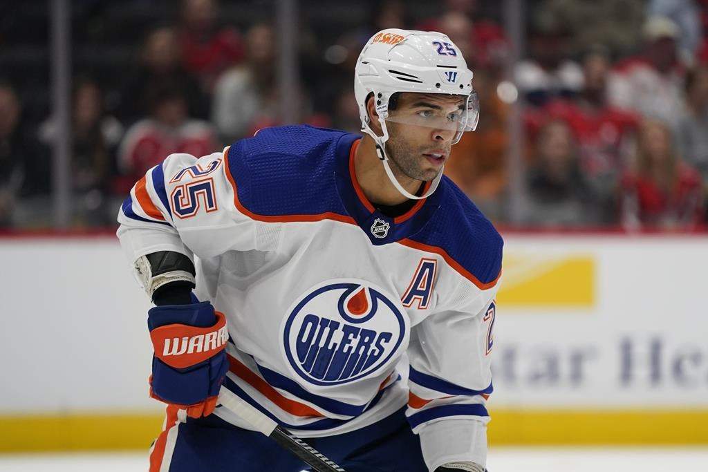 Edmonton Oilers defenseman Darnell Nurse skates in the first period of an NHL hockey game against the Washington Capitals, Monday, Nov. 7, 2022, in Washington. 
