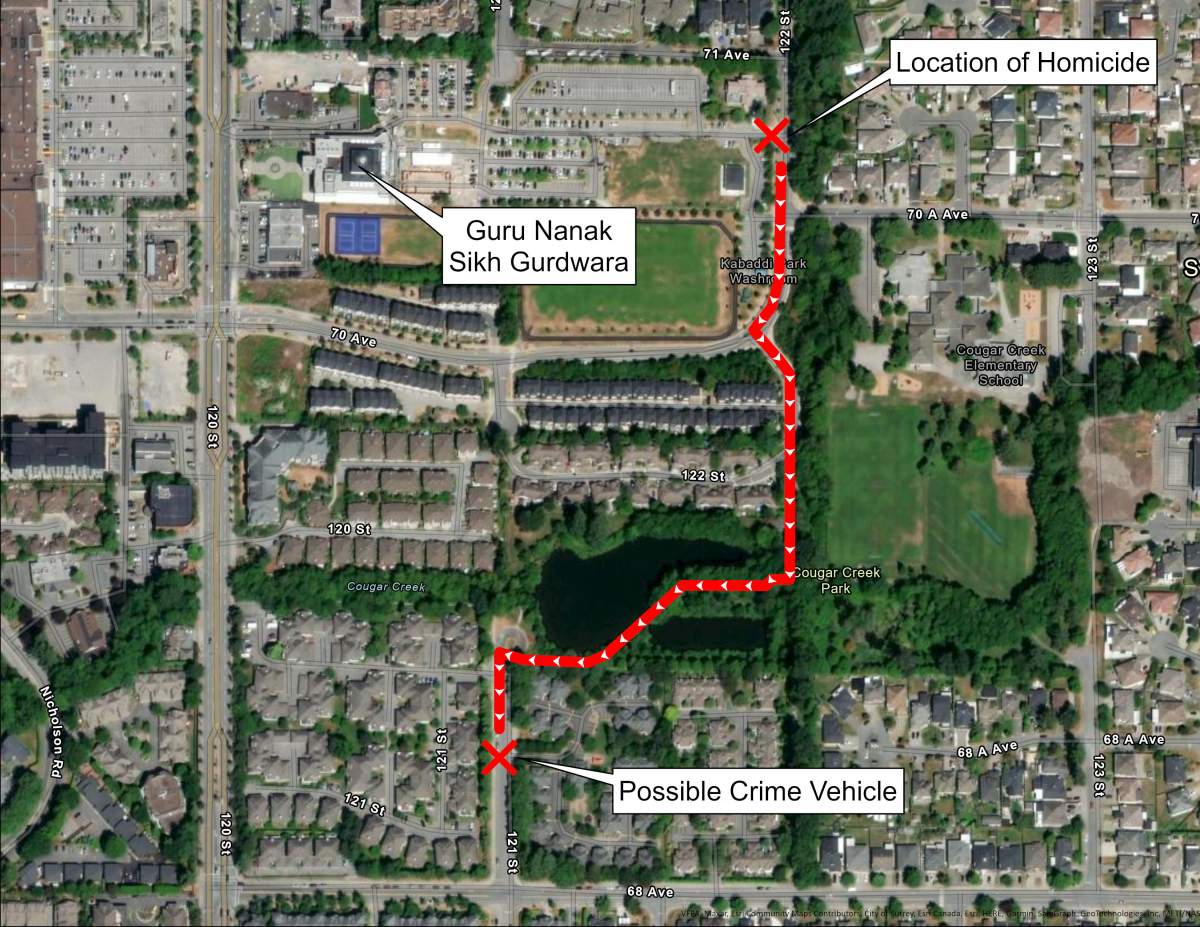 Homicide investigators have released a map of the suspected route taken by fleeing gunmen after the grisly shooting of Hardeep Singh Nijjar outside the Guru Nanak Sikh Gurdwara on Sun. June 18, 2023.