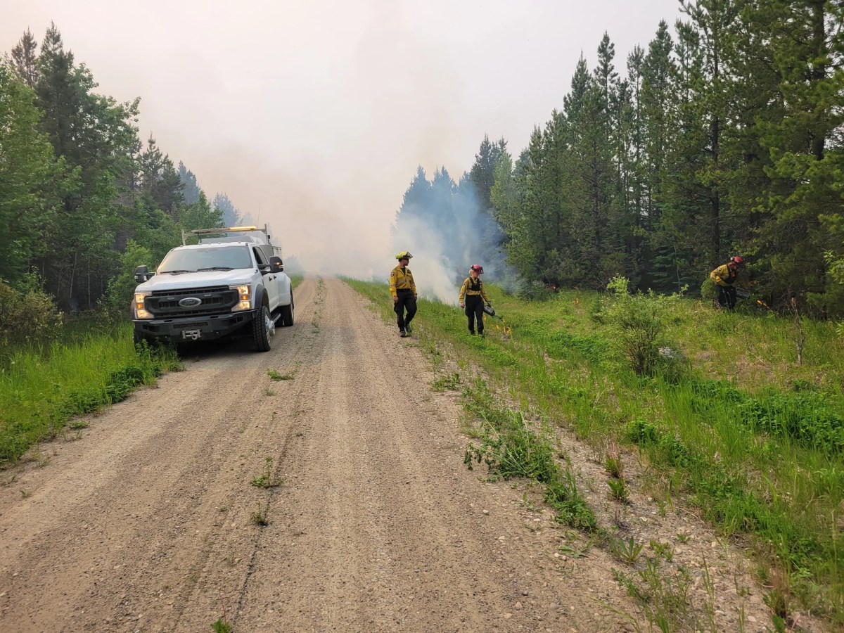 Firefighters performing planned ignition operations on forest near the Pembina Complex wildfires near Edson in Yellowhead County on June 11, 2023.