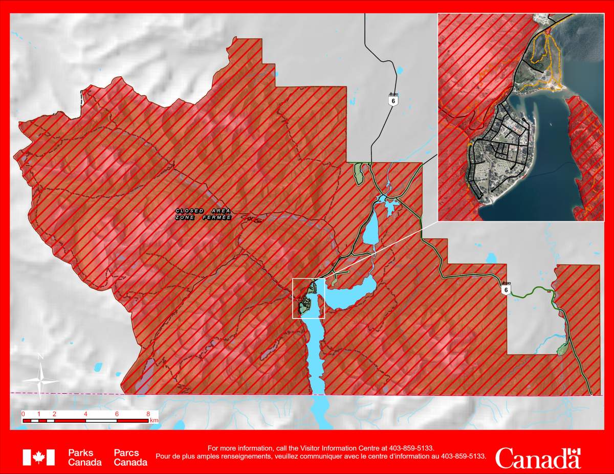 In a bulletin posted on Monday, all hiking trails in Waterton Lakes National Park were closed with the exception of Townsite and Kootenai Brown Trail along with Townsite Lakeshore Trail.