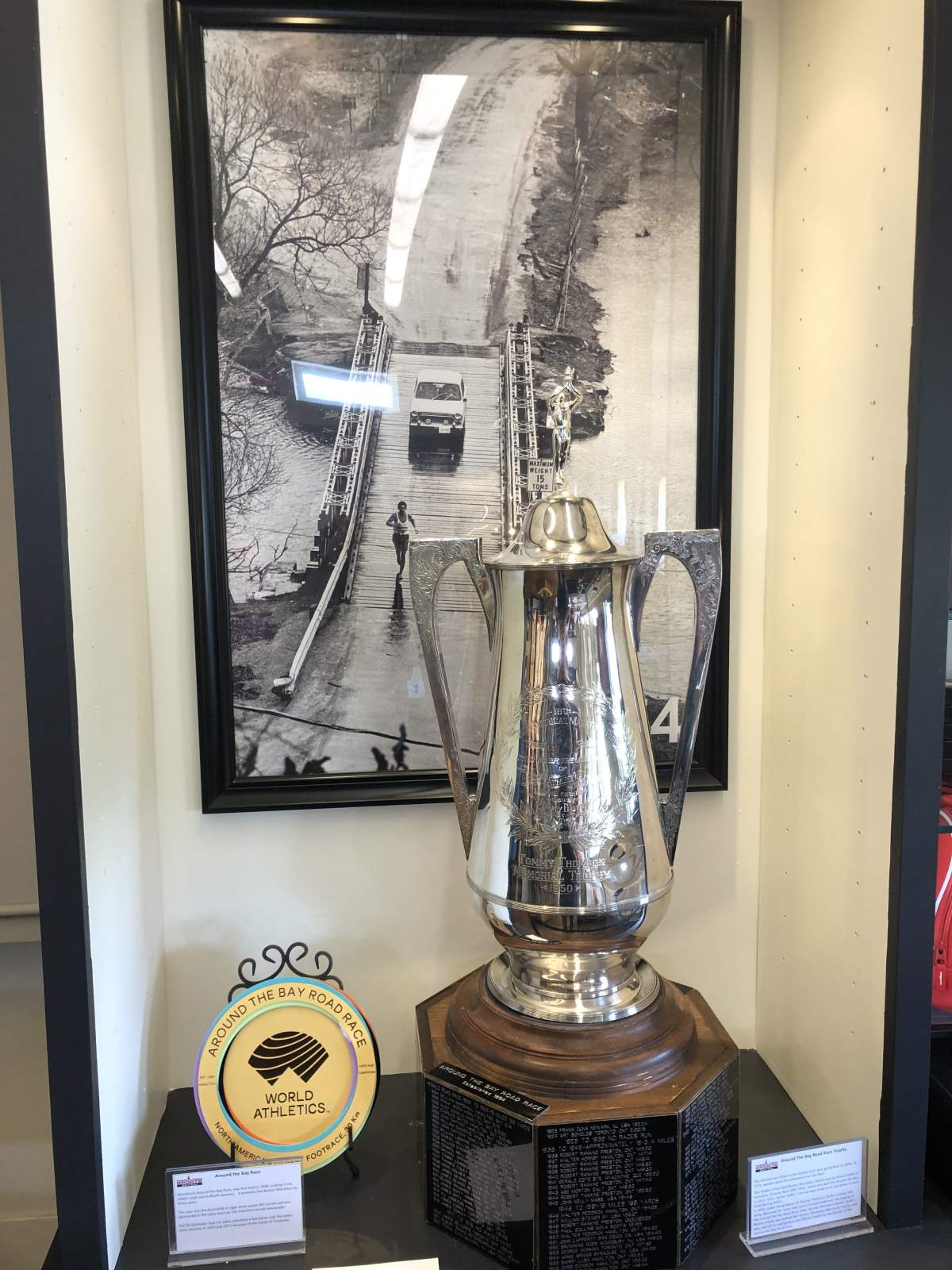 The original trophy given to the winner of the Around the Bay Road Race is on display at the Hamilton Sports Hall of Fame.