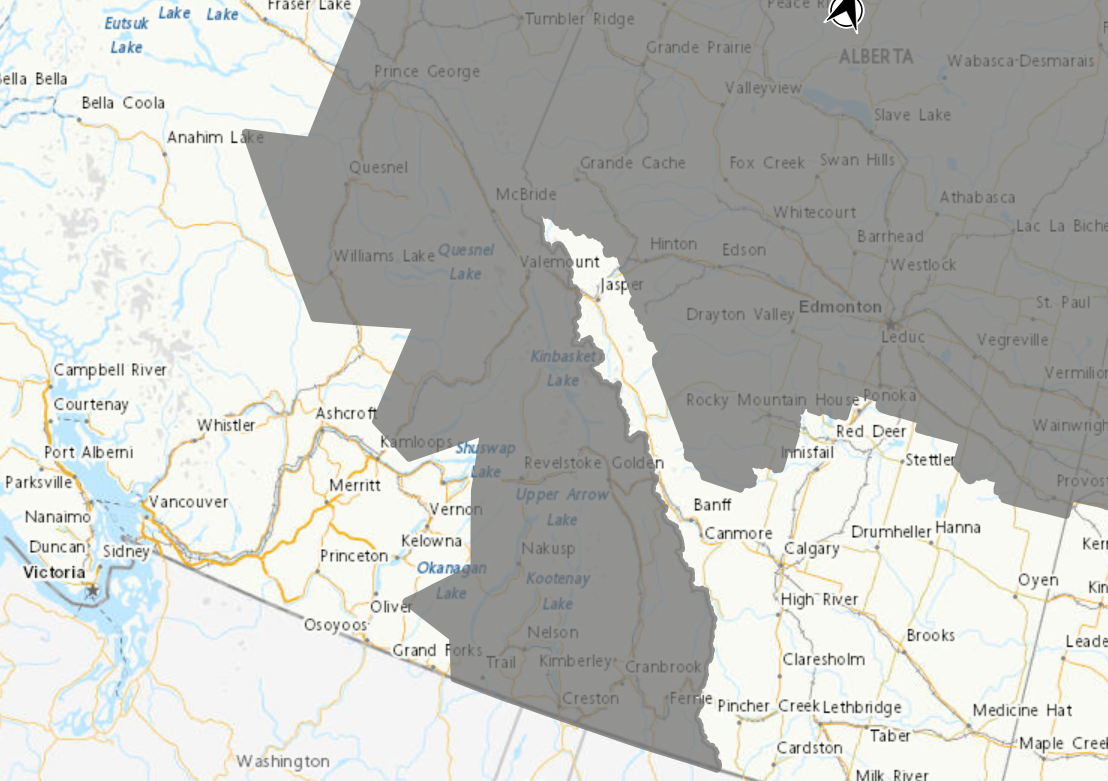 A map showing a large swath of B.C.’s Interior that’s either under a rain alert or a smoky skies bulletin.